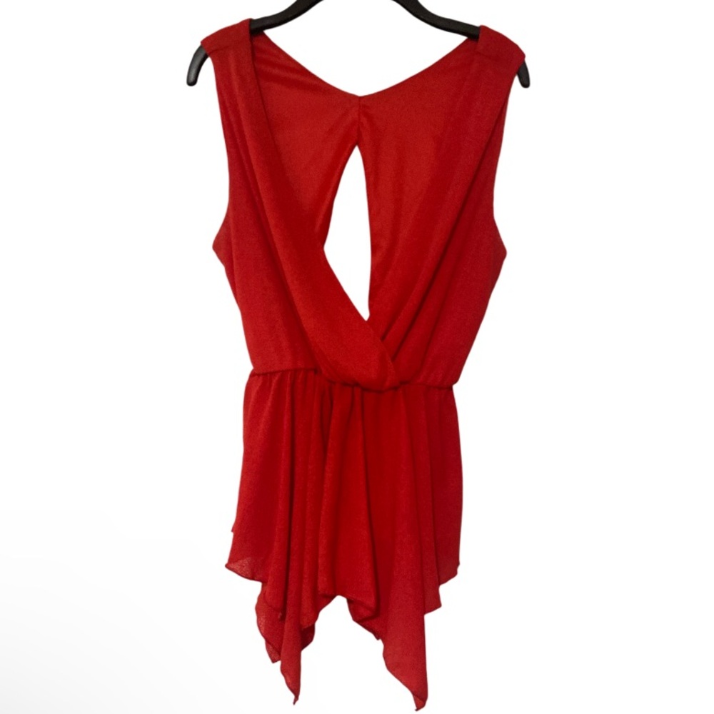 Y2K Dots Deep V High Low Sleeveless Open Back Red Vibrant Blouse - Size L